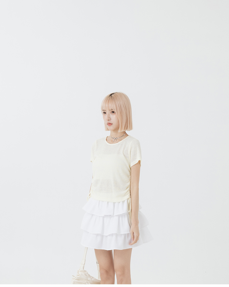 メランジリブサイドギャザートップス 4色展開