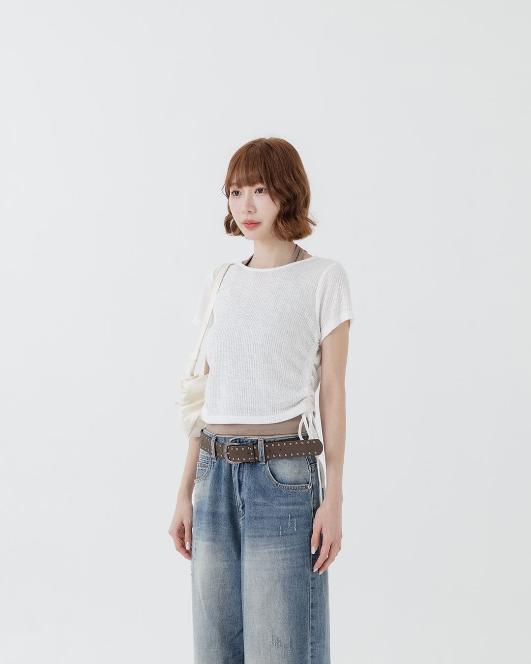 メランジリブサイドギャザートップス 4色展開