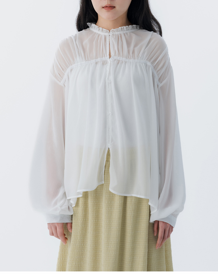 スタンドカラー フリル シアートップス 2色展開