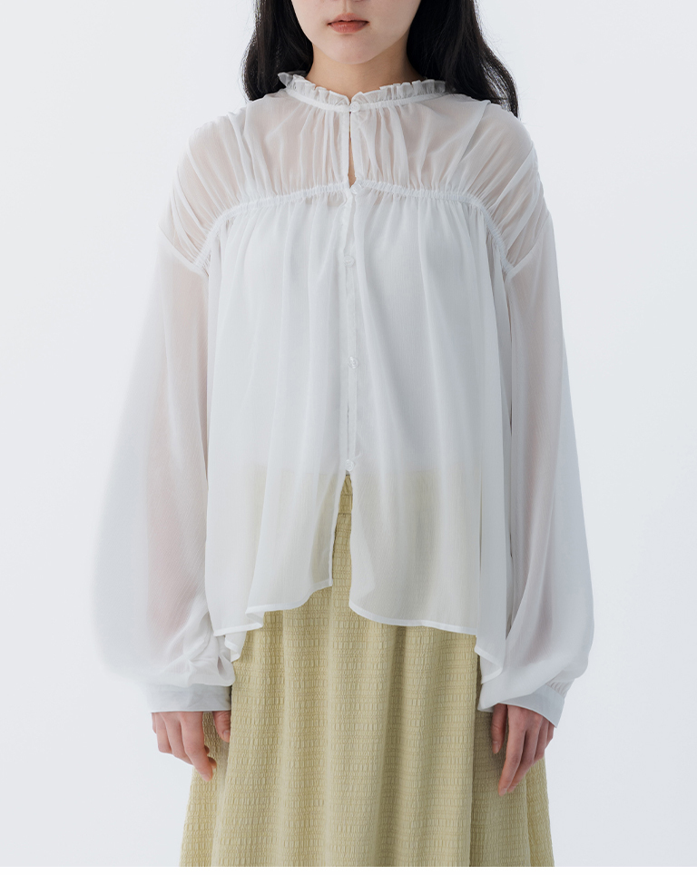 スタンドカラー フリル シアートップス 2色展開