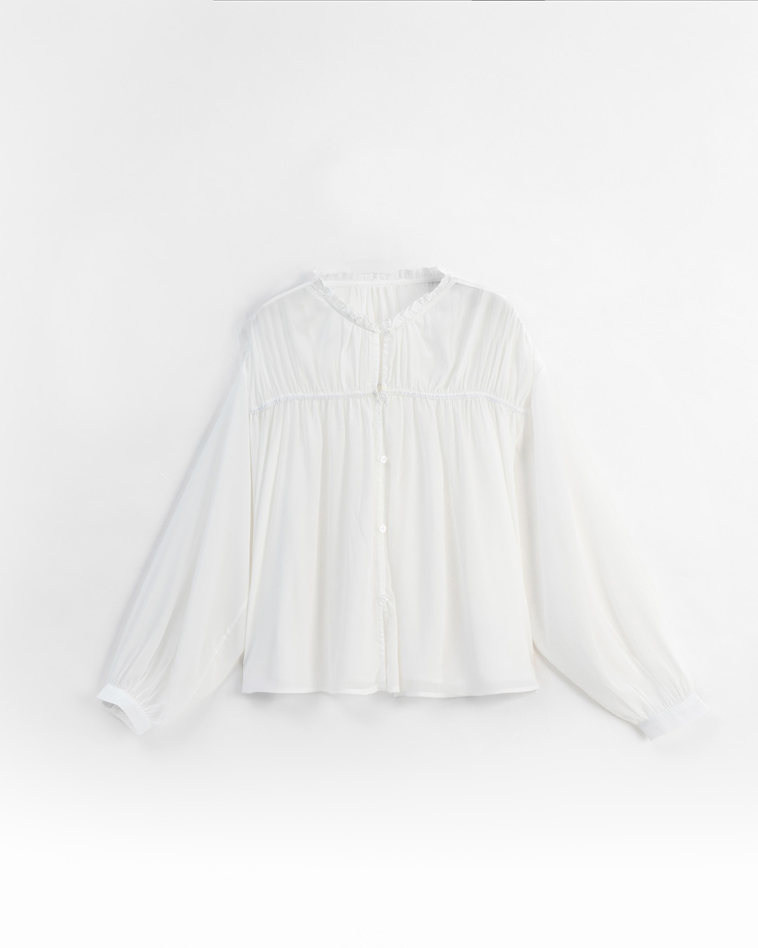 スタンドカラー フリル シアートップス 2色展開