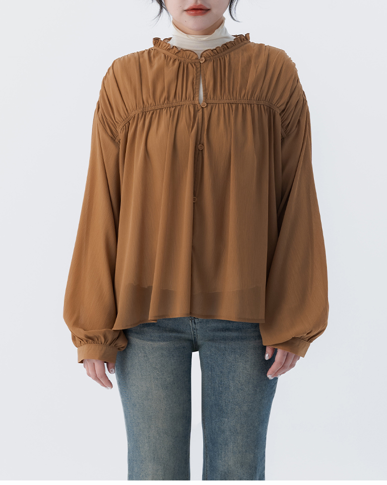 スタンドカラー フリル シアートップス 2色展開