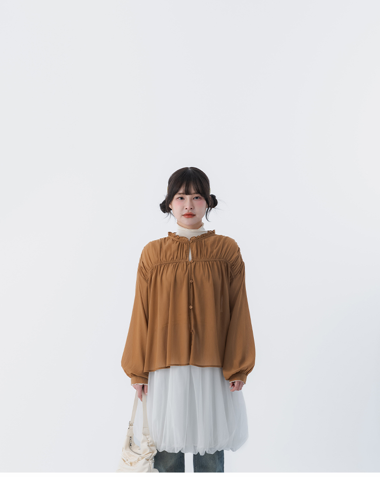 スタンドカラー フリル シアートップス 2色展開