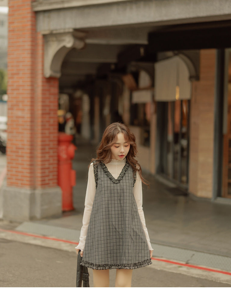 春1尚未收到---ダブルレイヤーチェックワンピース 2色展開