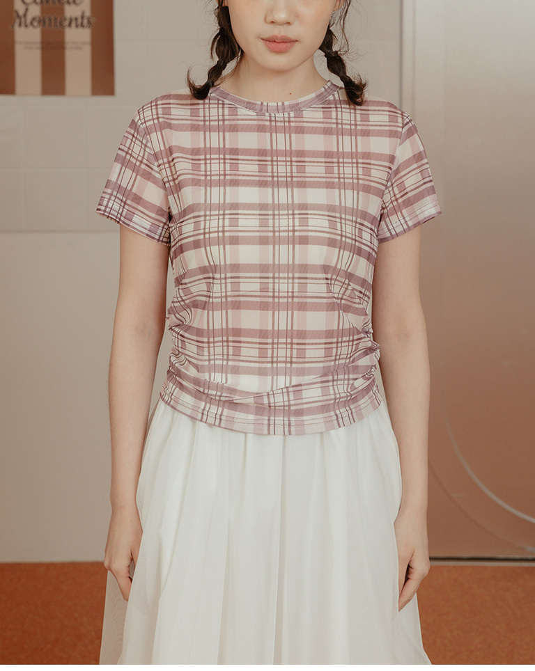 チェックサイドギャザーシアートップス 3色展開