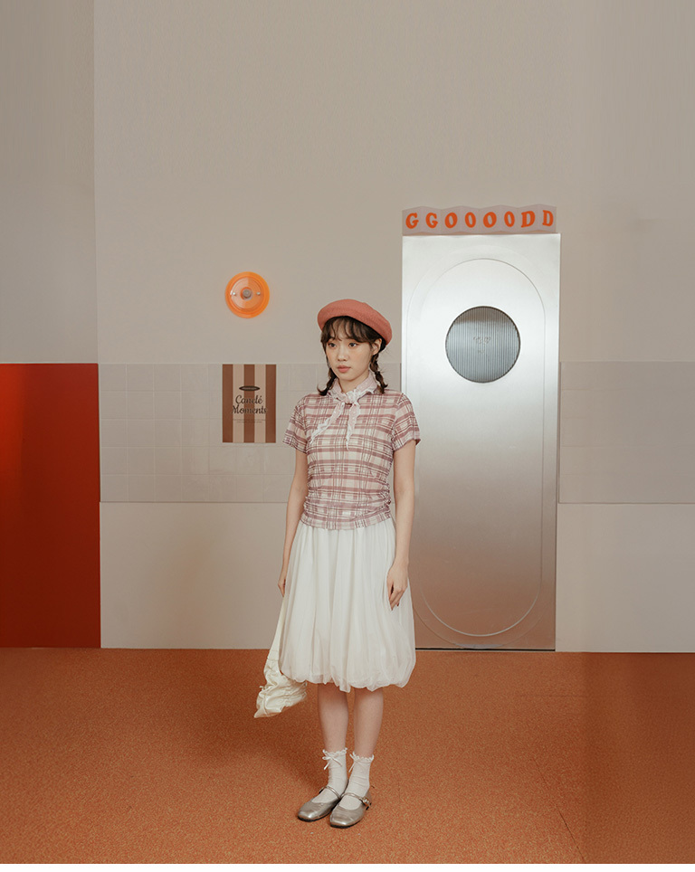 チェックサイドギャザーシアートップス 3色展開