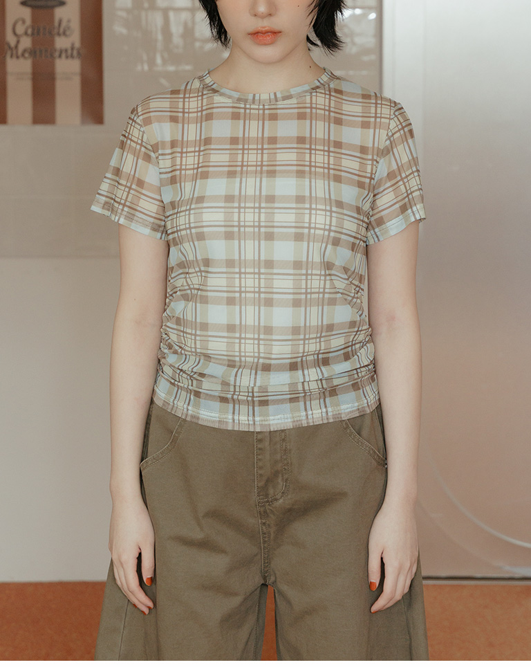 チェックサイドギャザーシアートップス 3色展開