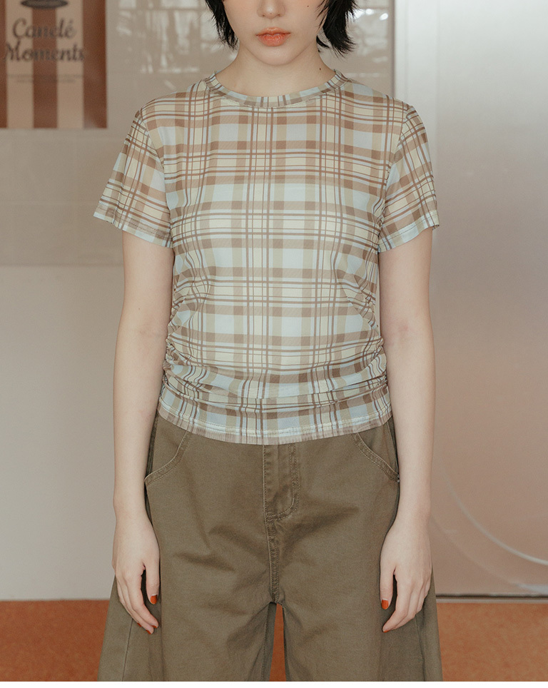 チェックサイドギャザーシアートップス 3色展開