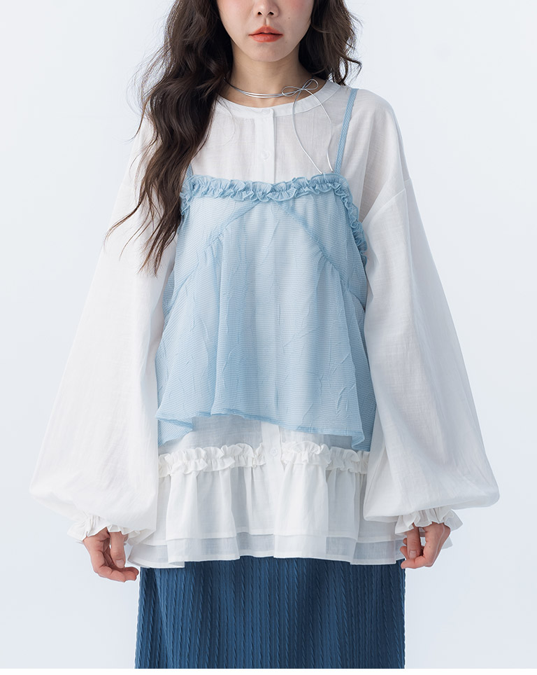 フリルネックキャミソール ブルー