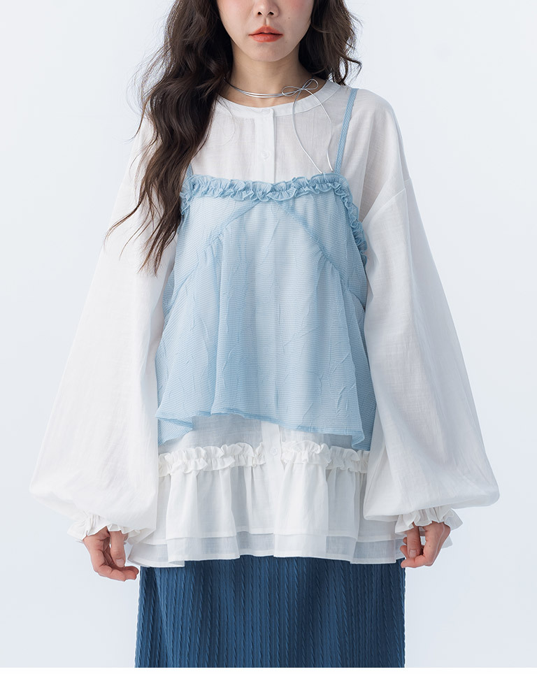 フリルネックキャミソール ブルー