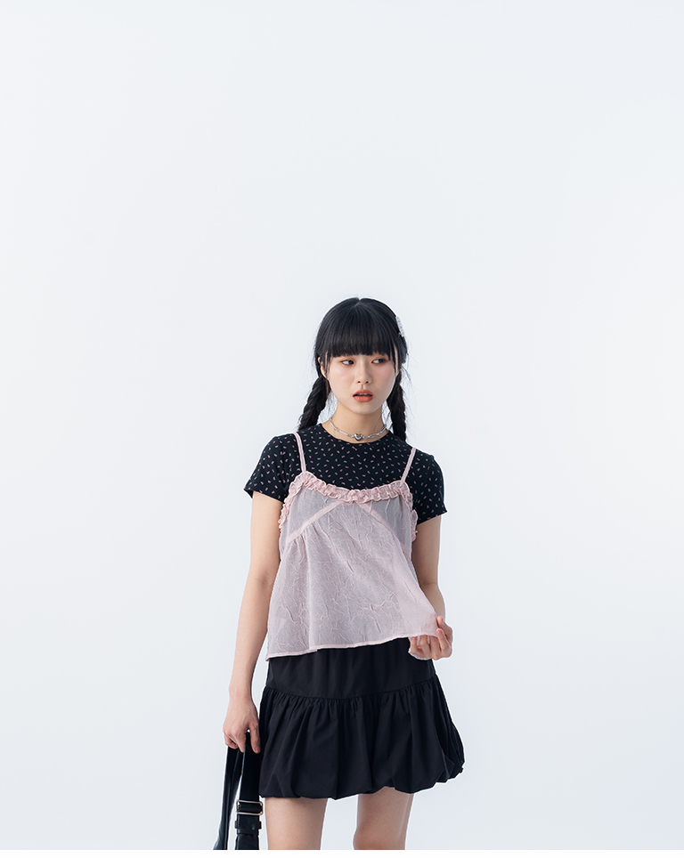 フリルネックキャミソール ピンク