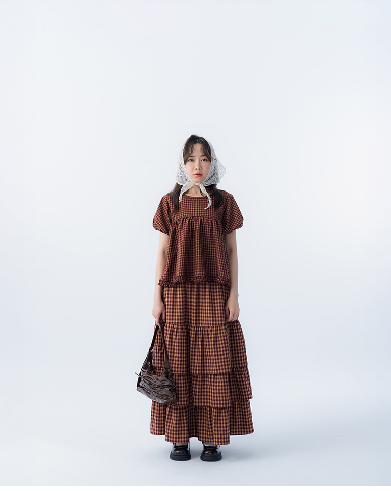 チェックフリルパフスリーブトップス 2色展開