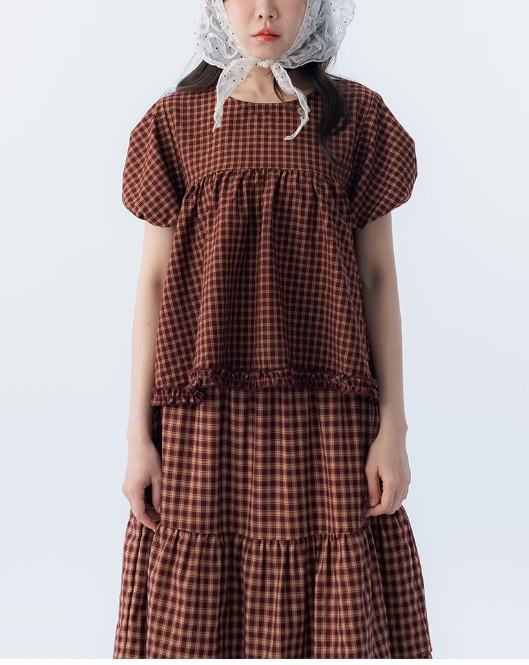 チェックフリルパフスリーブトップス 2色展開