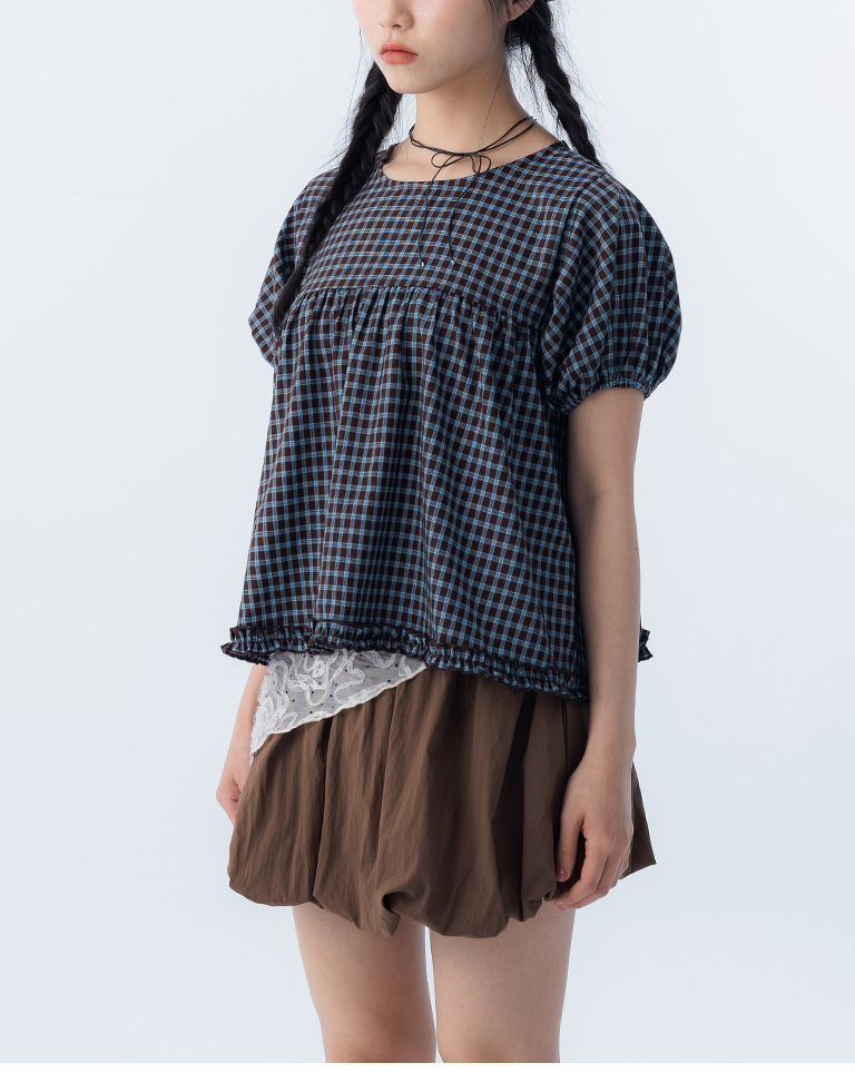 チェックフリルパフスリーブトップス 2色展開