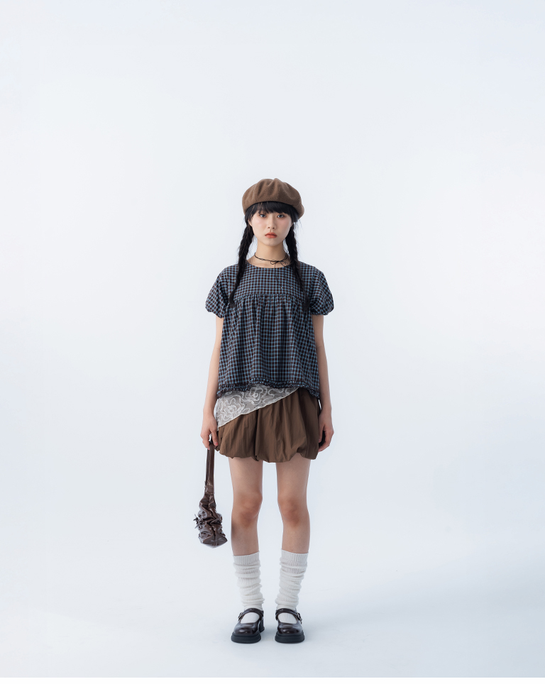 チェックフリルパフスリーブトップス 2色展開