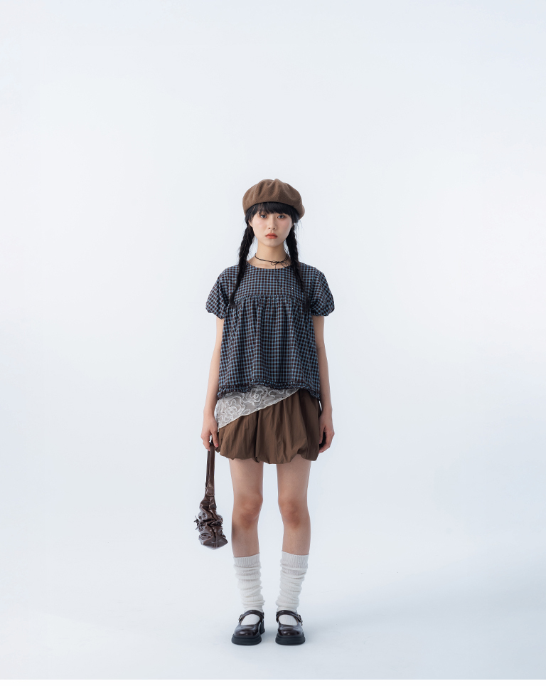 チェックフリルパフスリーブトップス 2色展開