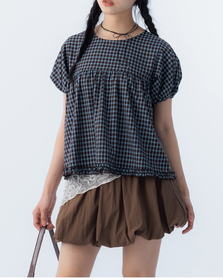 チェックフリルパフスリーブトップス 2色展開
