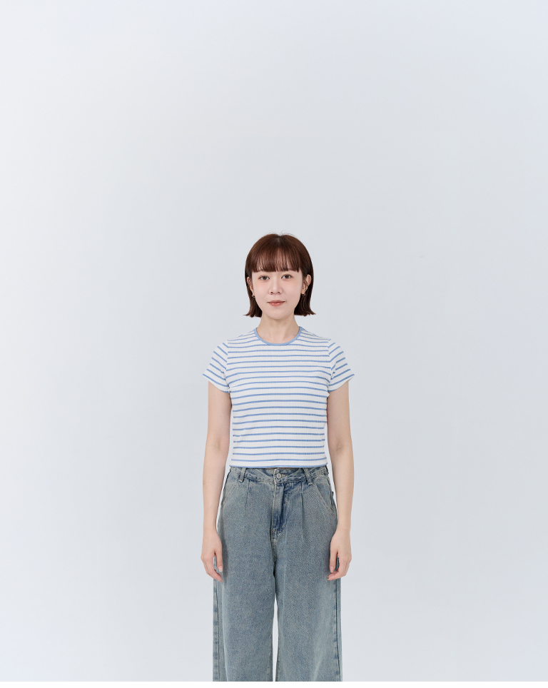配色ストライプリブ半袖トップス 2色展開