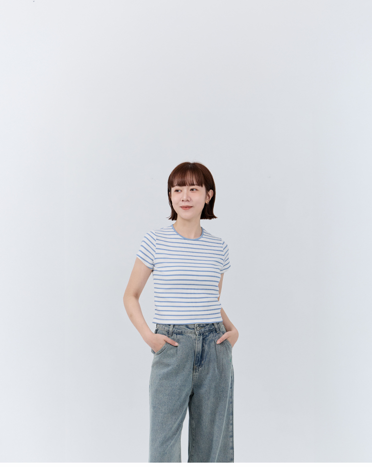 配色ストライプリブ半袖トップス 2色展開