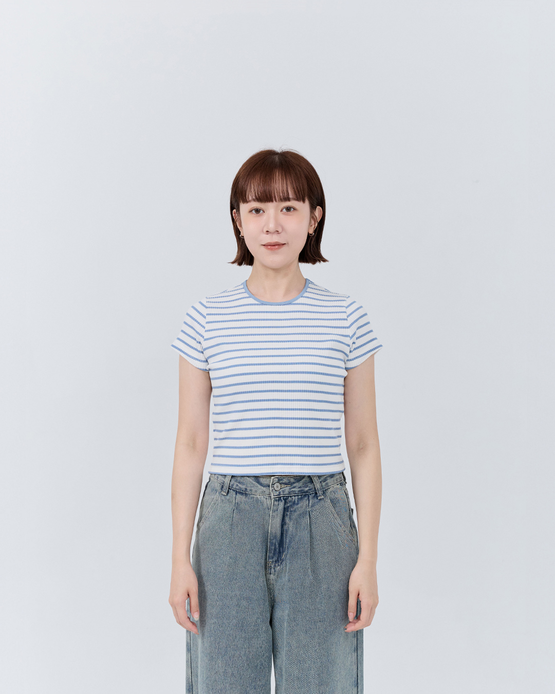 配色ストライプリブ半袖トップス 2色展開