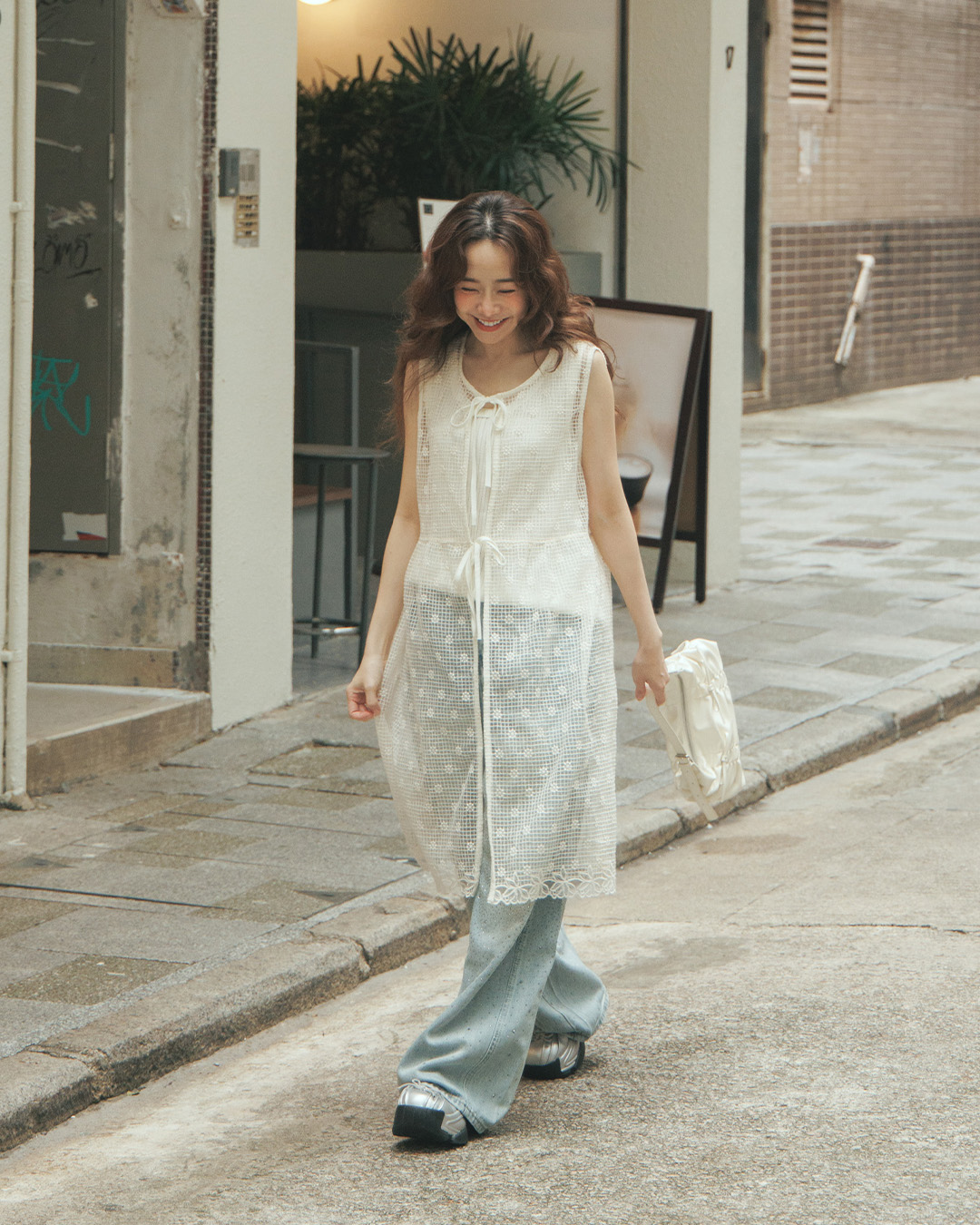 夏2未到---カットワークチェックダブルリボンロングベスト