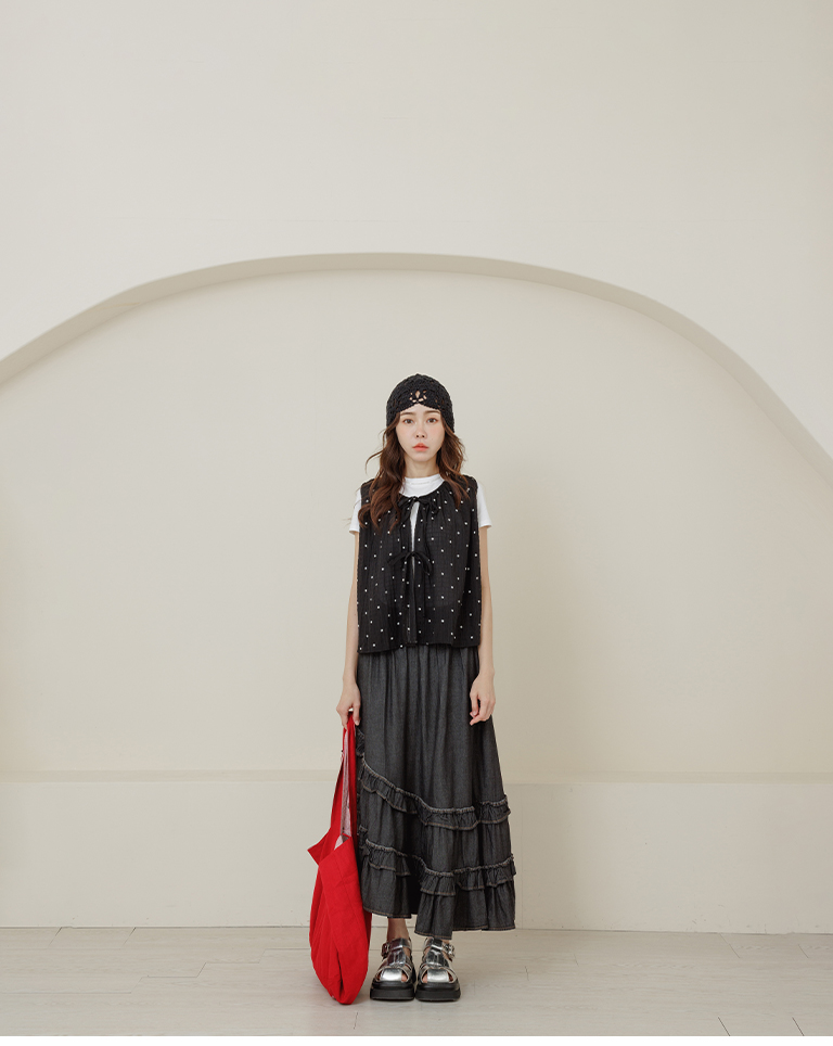 小花柄シワ加工リボンベスト 3色展開