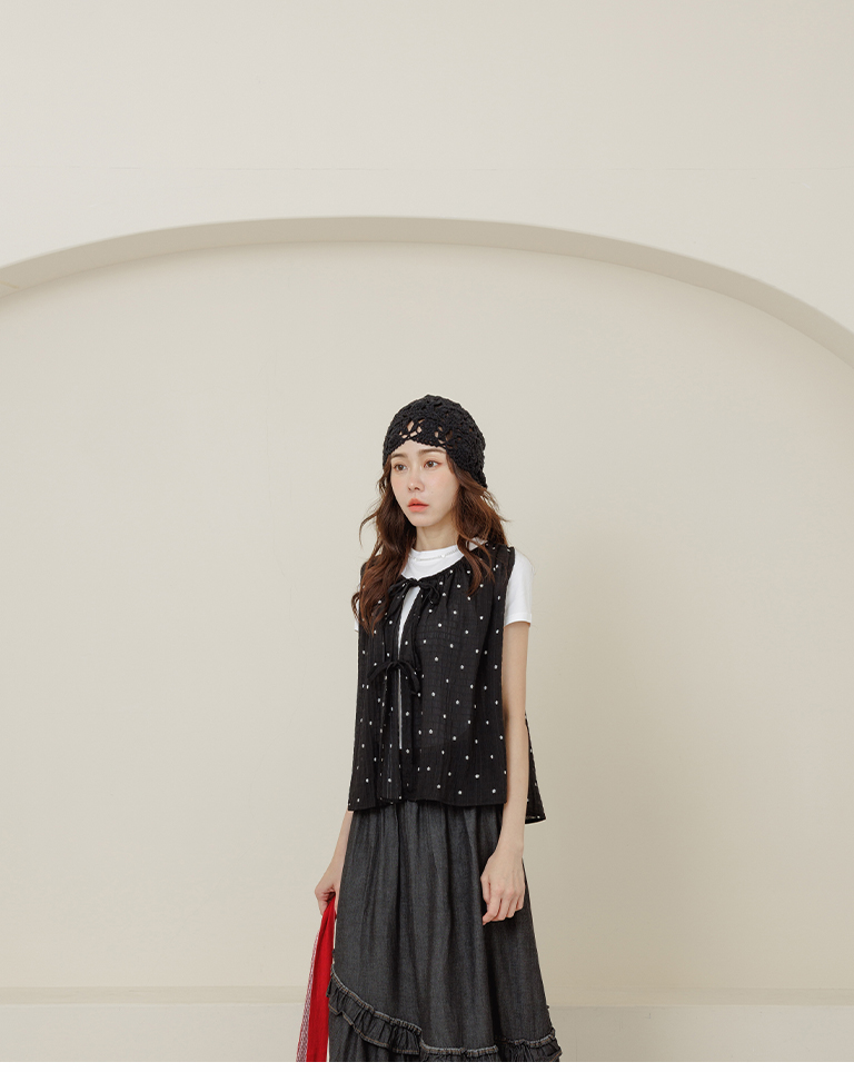 小花柄シワ加工リボンベスト 3色展開