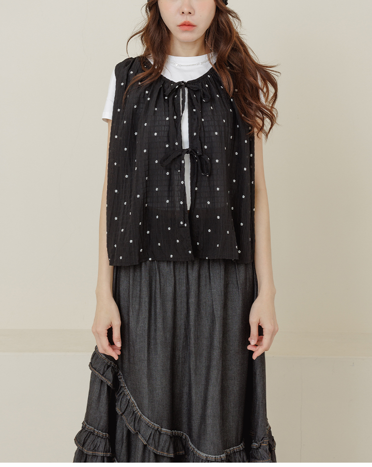 小花柄シワ加工リボンベスト 3色展開