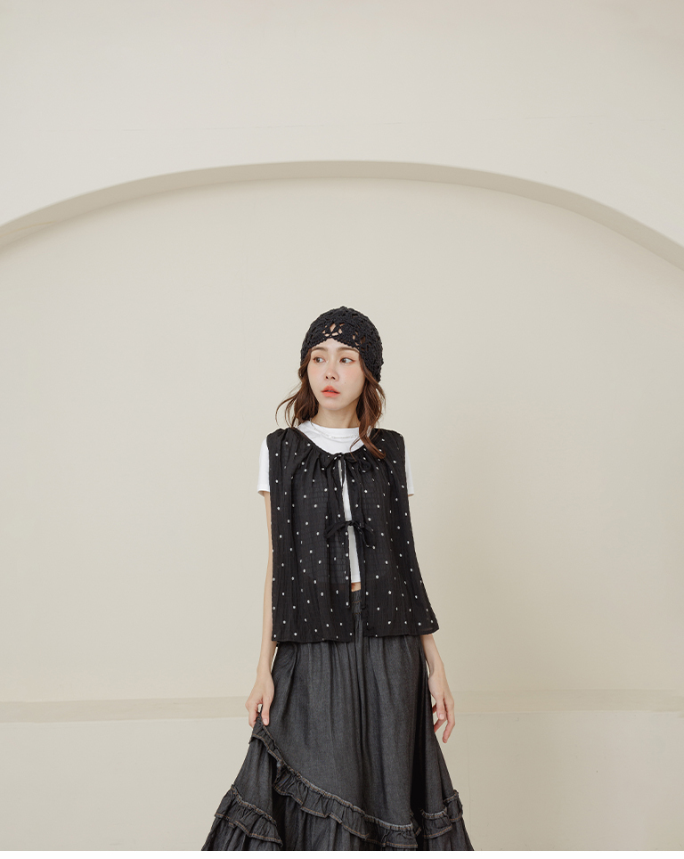 小花柄シワ加工リボンベスト 3色展開
