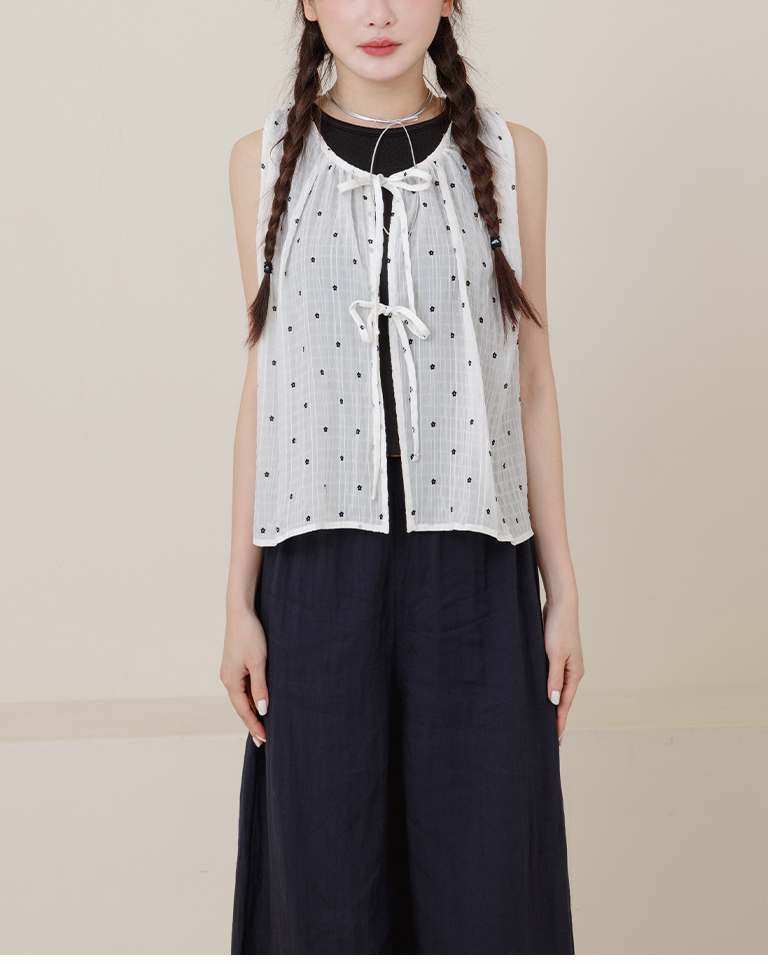小花柄シワ加工リボンベスト 3色展開