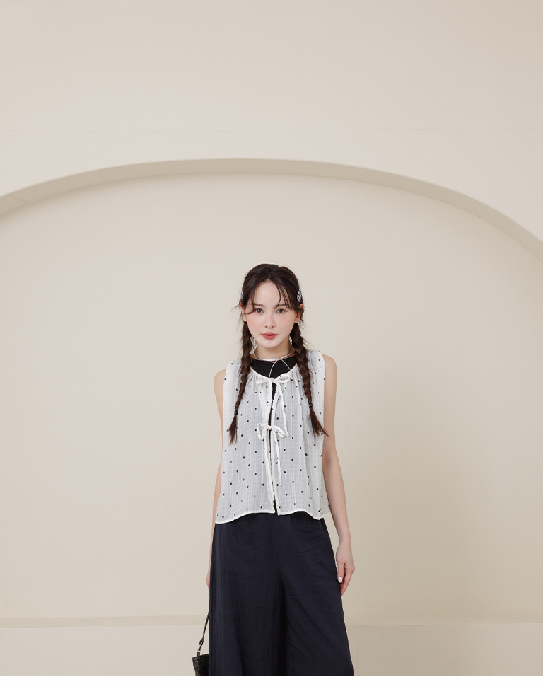小花柄シワ加工リボンベスト 3色展開