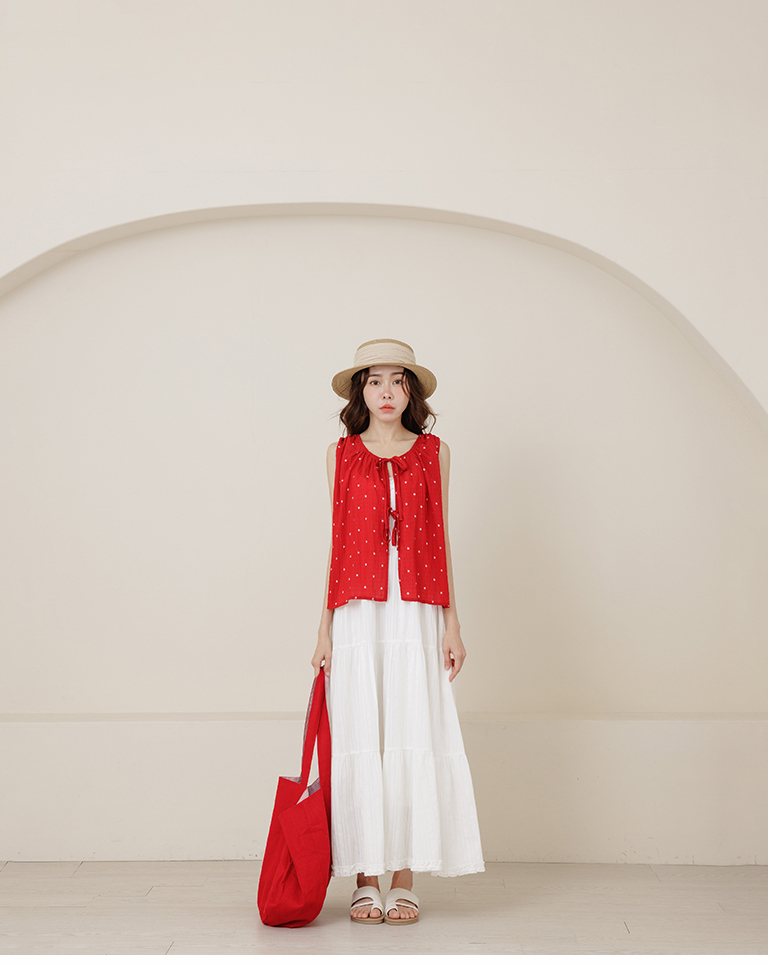 小花柄シワ加工リボンベスト 3色展開