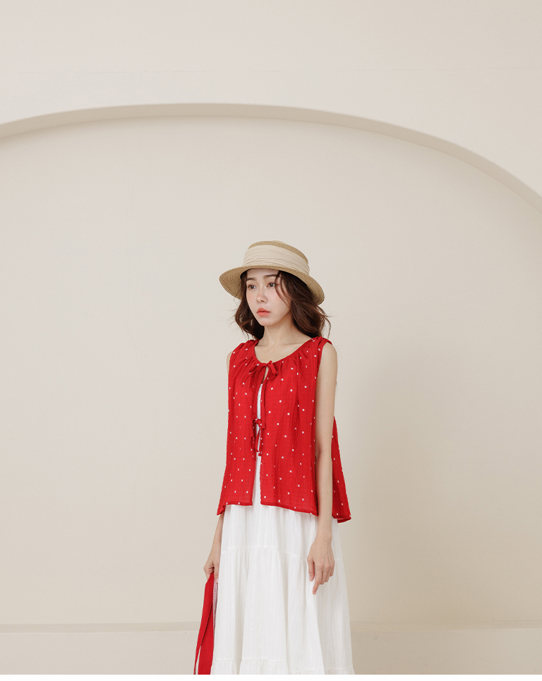 小花柄シワ加工リボンベスト 3色展開