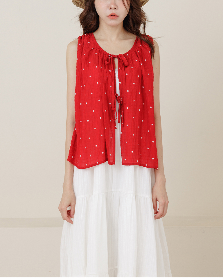 小花柄シワ加工リボンベスト 3色展開