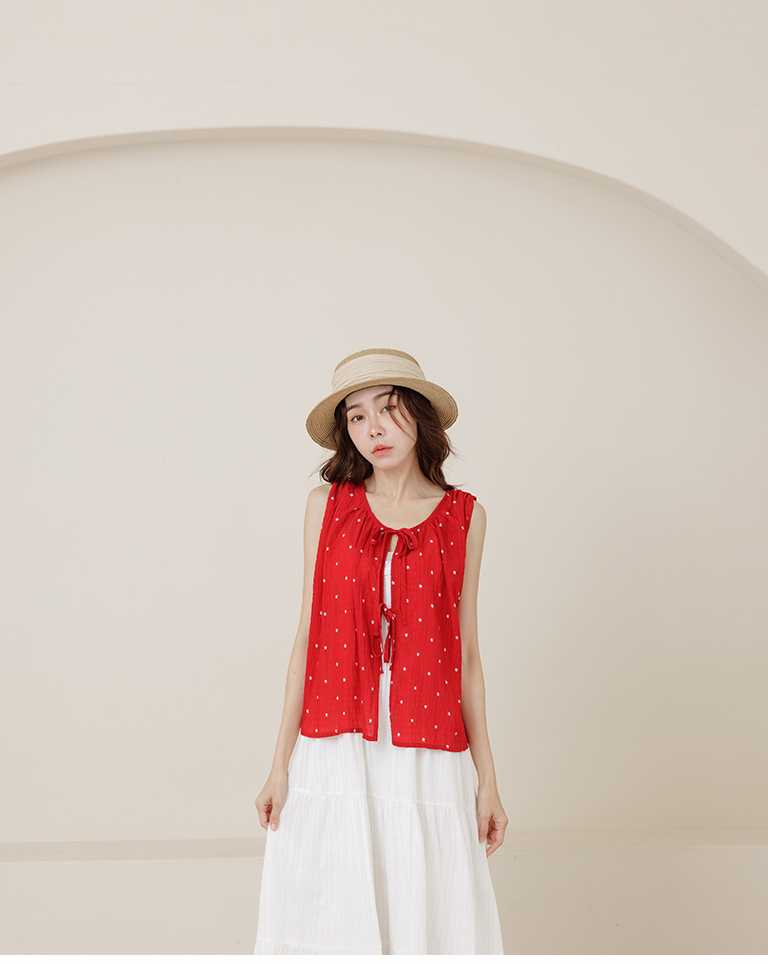 小花柄シワ加工リボンベスト 3色展開