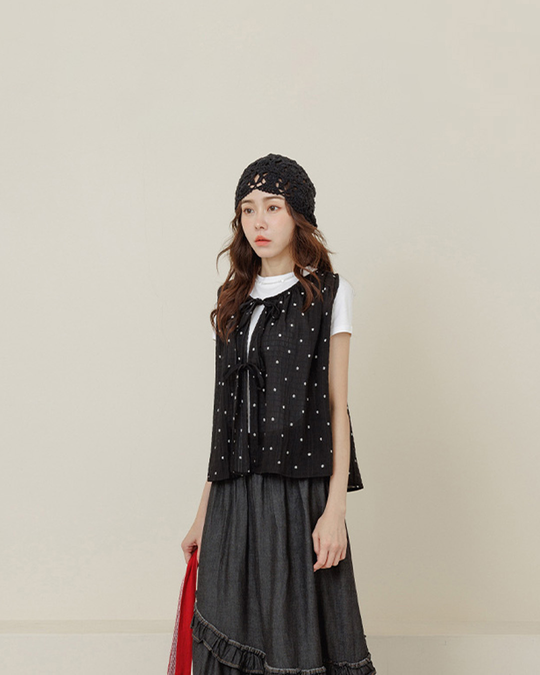 小花柄シワ加工リボンベスト 3色展開
