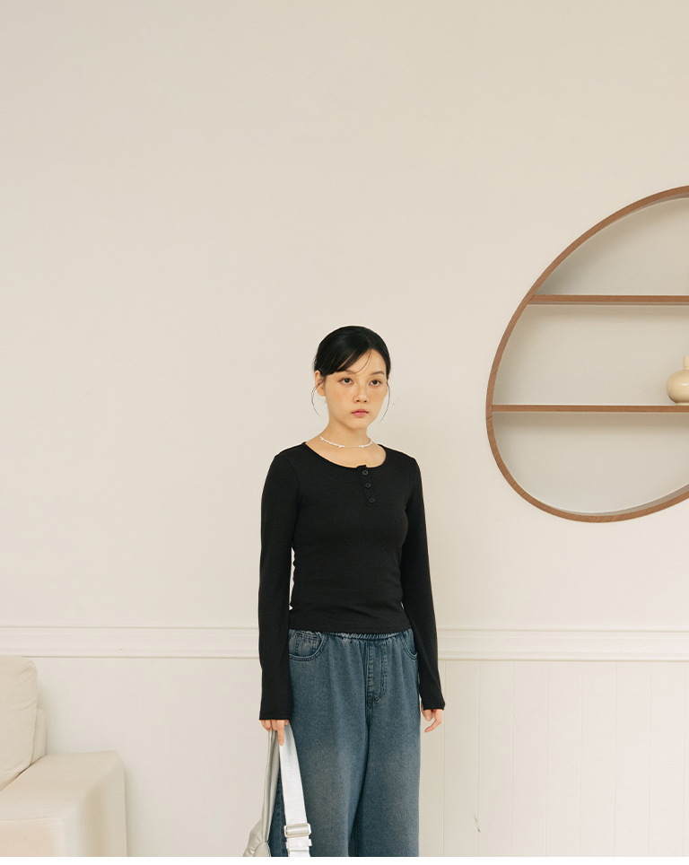 ハーフボタン長袖トップス ブラック