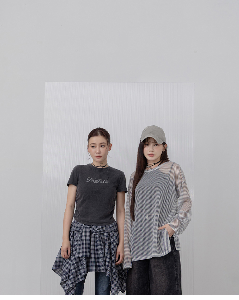 ウォッシュ加工サイドギャザープリントTシャツ