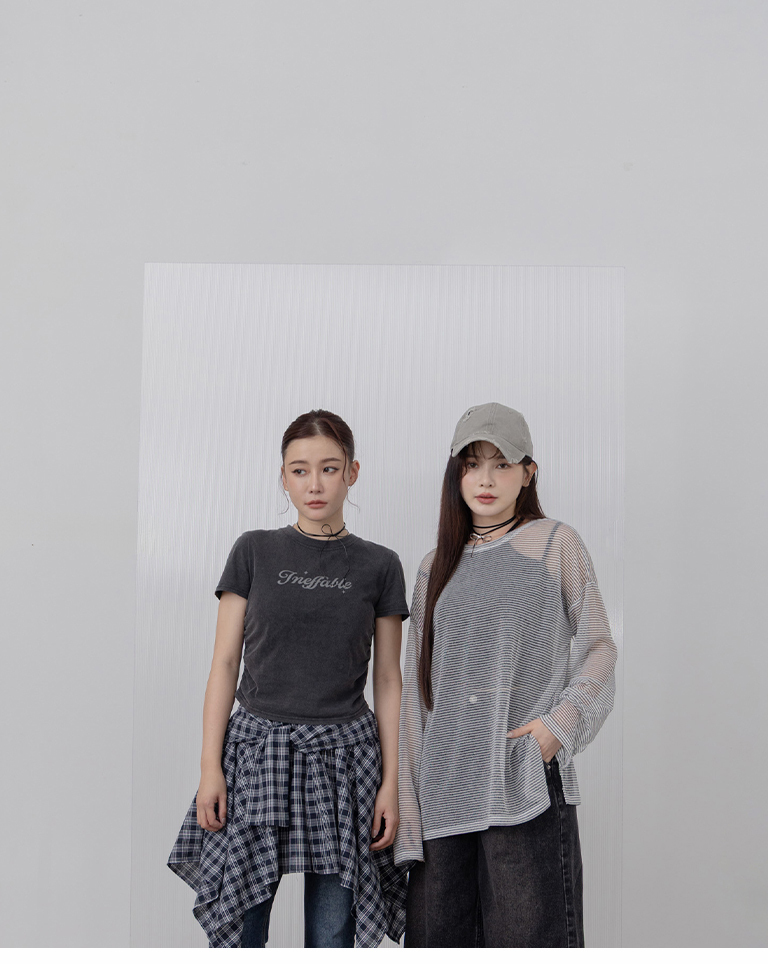 ウォッシュ加工サイドギャザープリントTシャツ