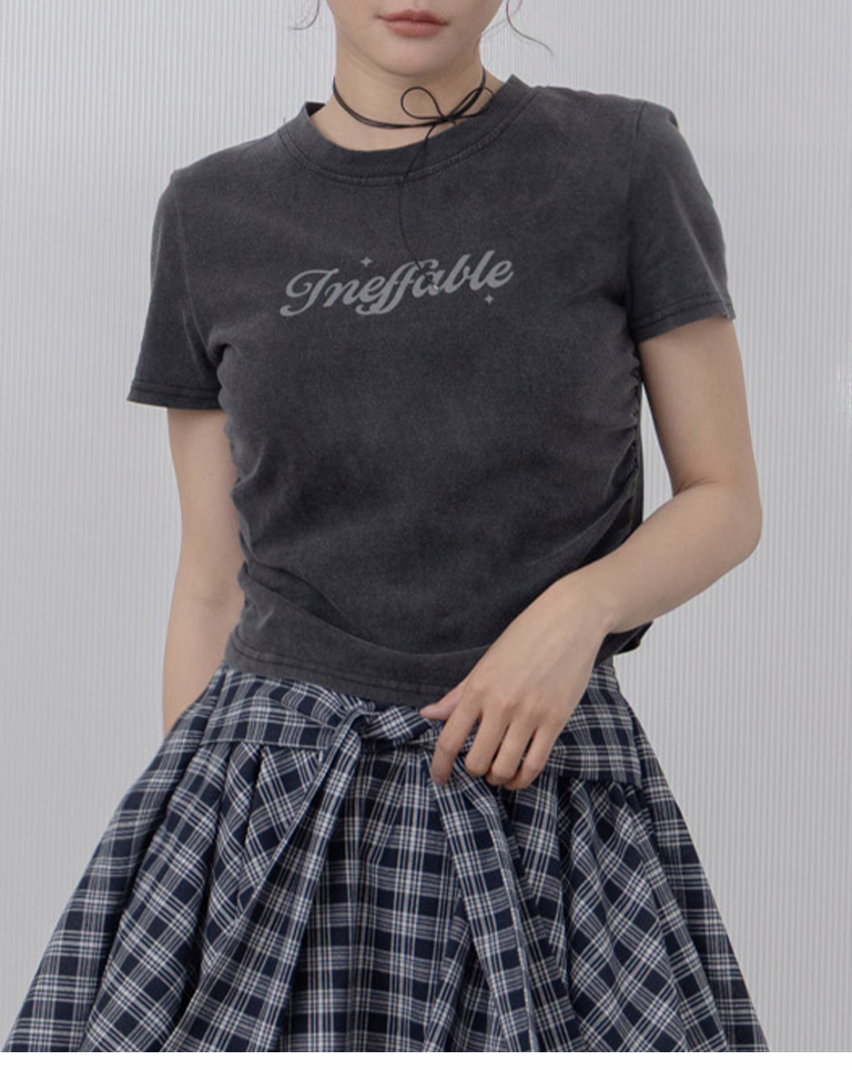 ウォッシュ加工サイドギャザープリントTシャツ