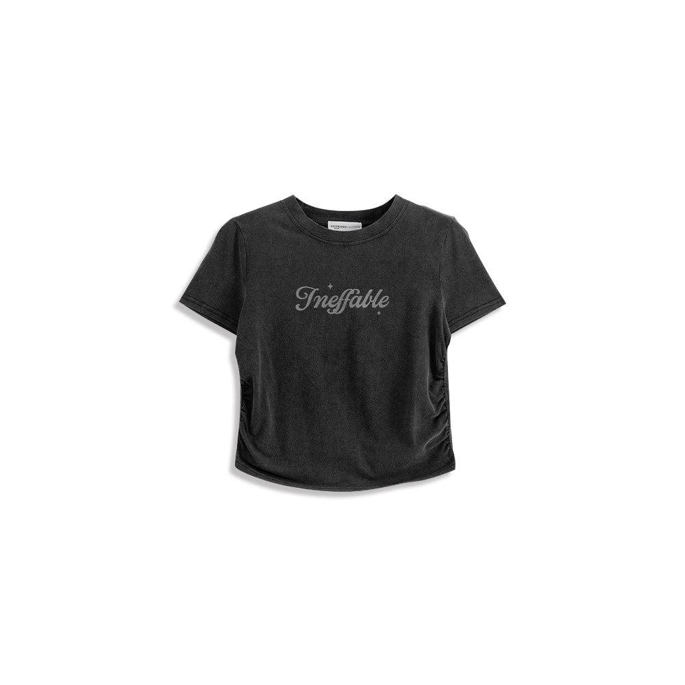 ウォッシュ加工サイドギャザープリントTシャツ