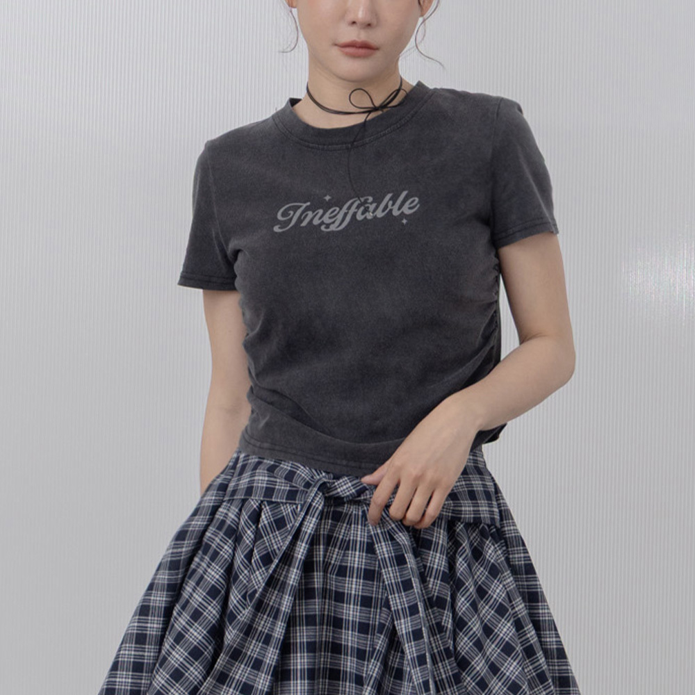 ウォッシュ加工サイドギャザープリントTシャツ