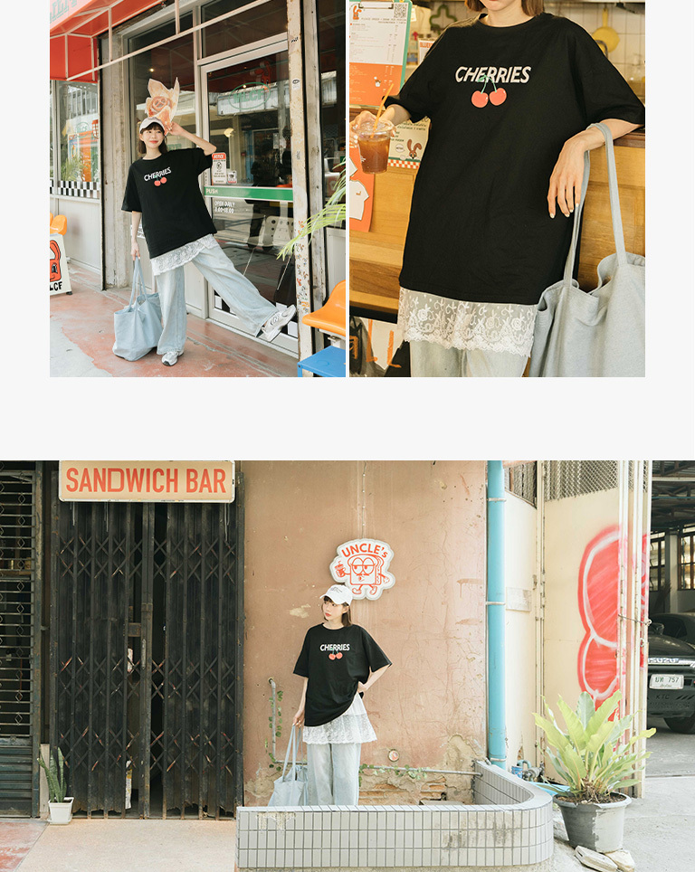 さくらんぼプリントワイド半袖Tシャツ 2色展開
