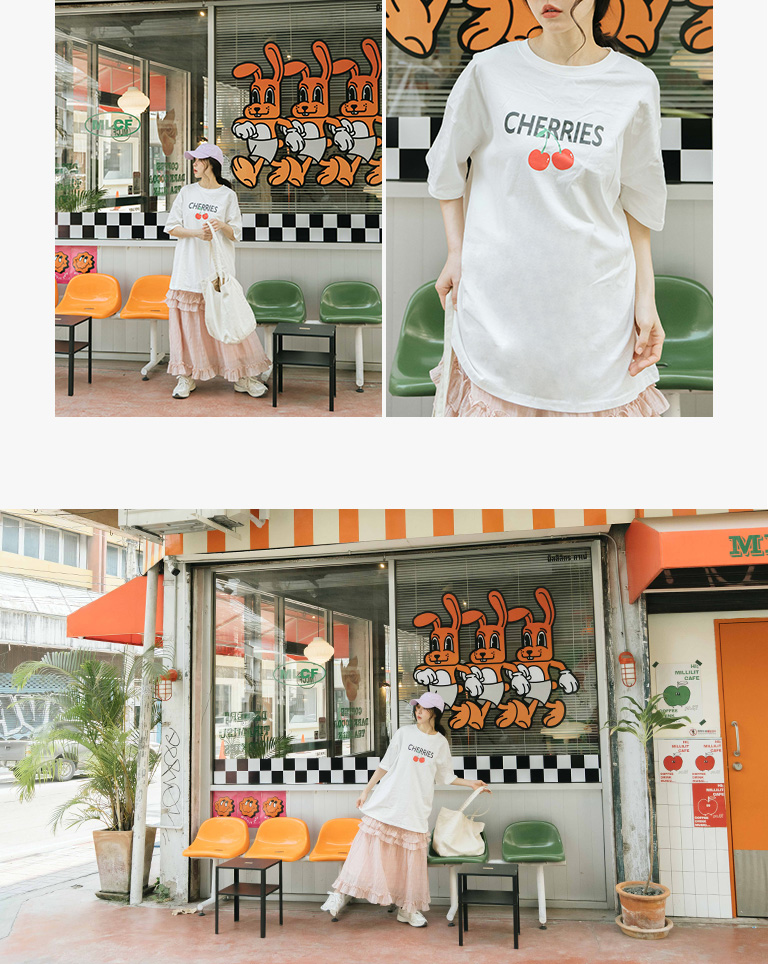 さくらんぼプリントワイド半袖Tシャツ 2色展開