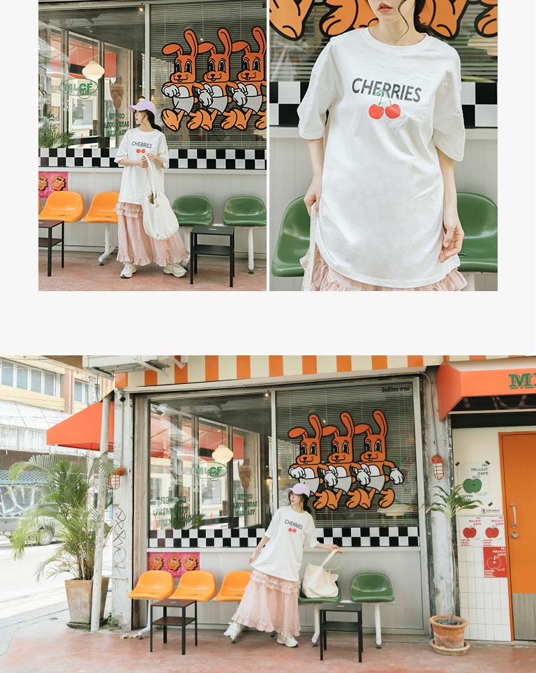 さくらんぼプリントワイド半袖Tシャツ 2色展開