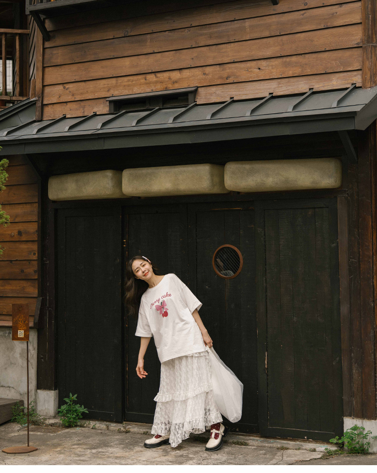 チェリープリントリボンワイドTシャツ 2色展開