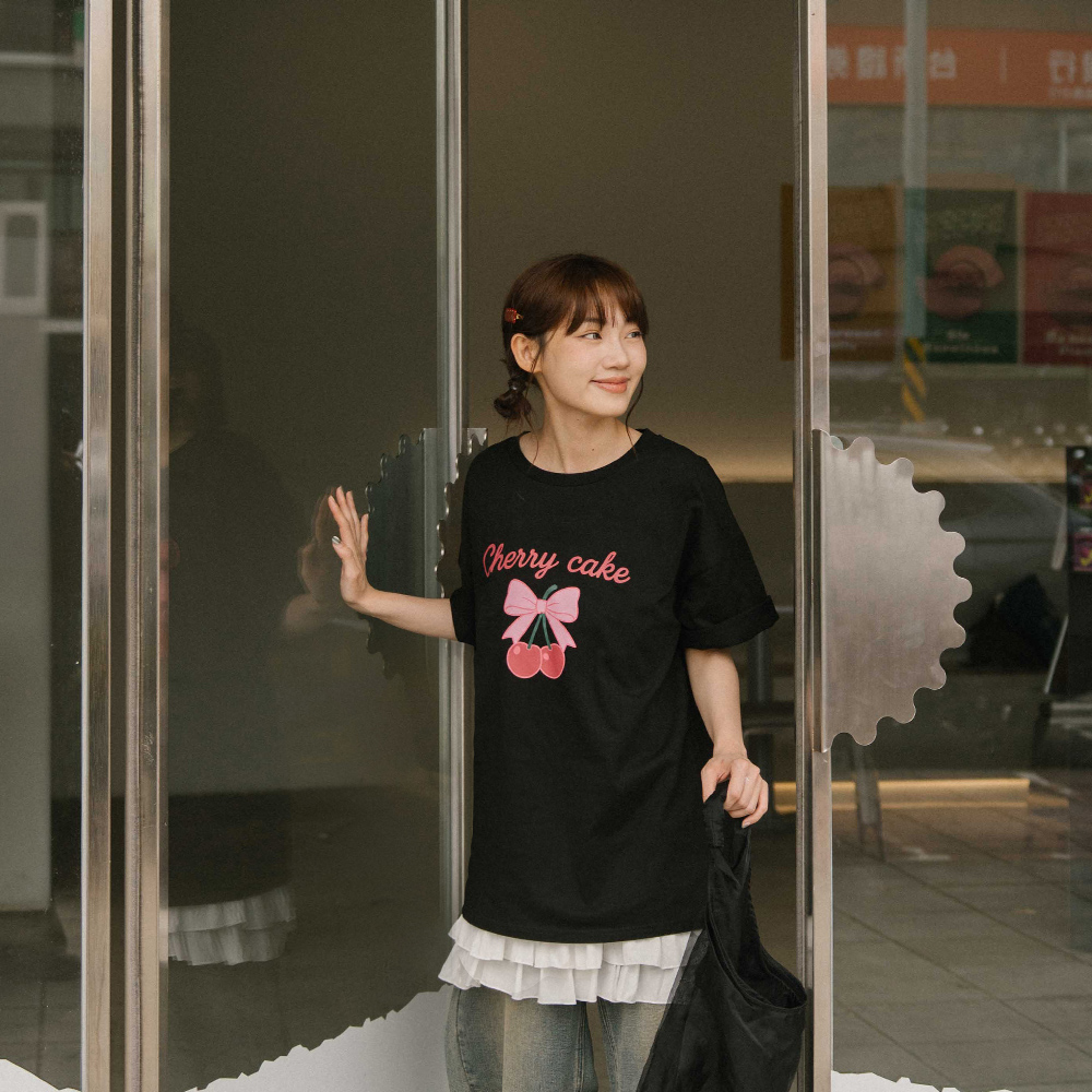チェリープリントリボンワイドTシャツ 2色展開
