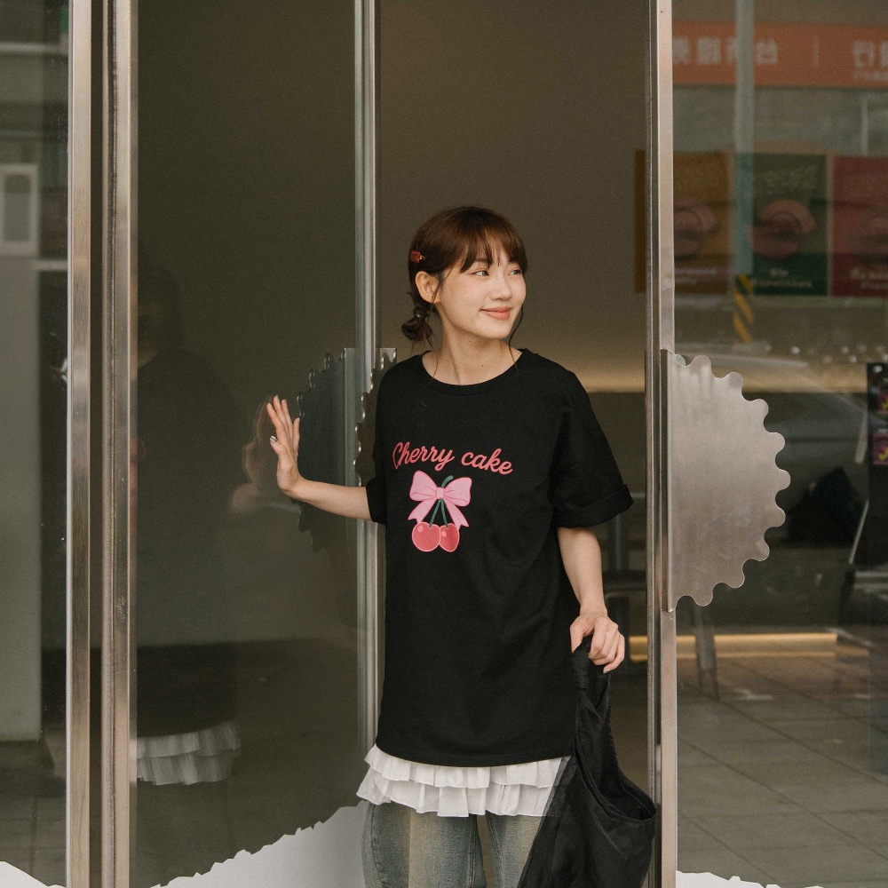 チェリープリントリボンワイドTシャツ 2色展開