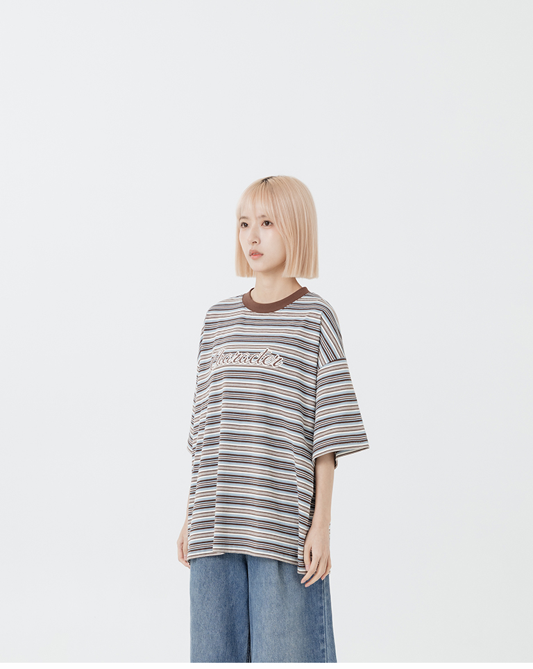 配色ストライプ刺繍ロゴワイドトップス 2色展開