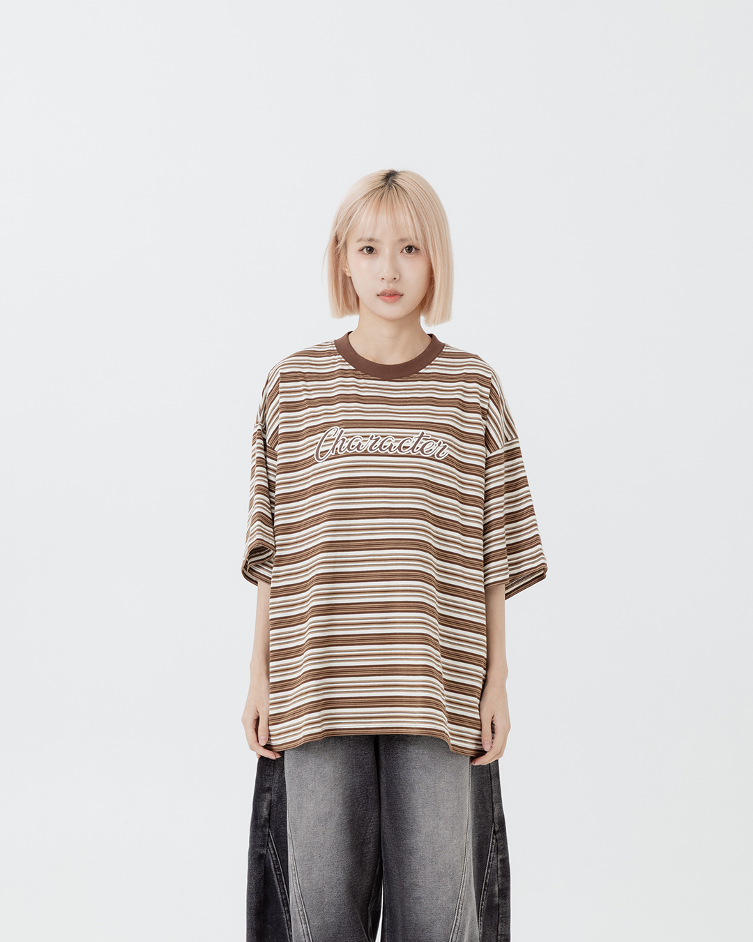 配色ストライプ刺繍ロゴワイドトップス 2色展開
